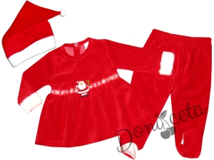 Коледна детска плюшена рокля  с ританки и шапка в червено