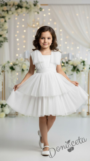 Официална празнична детска рокля с тюл в бяло