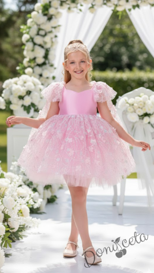 Официална детска рокля с къс ръкав в розово Розела