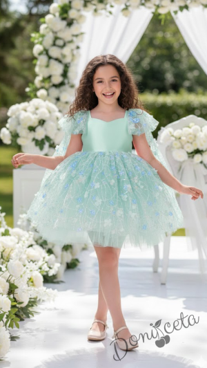 Официална детска рокля с къс ръкав в тюркоаз Розела
