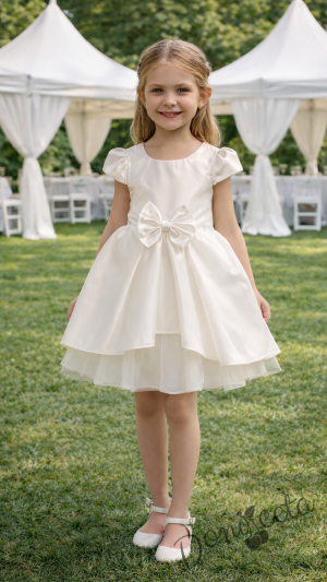  Официална детска рокля от плат Мариска с къс ръкав в екрю и тюл 