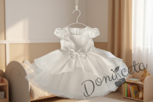  Официална детска рокля от плат Мариска с къс ръкав в екрю и тюл 