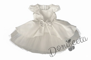  Официална детска рокля от плат Мариска с къс ръкав в екрю и тюл 
