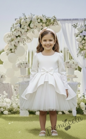  Официална детска рокля Мариска с дълъг ръкав в бяло и богат тюл 