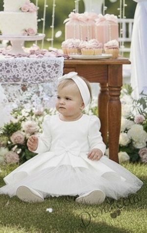  Официална детска рокля Мариска с дълъг ръкав в бяло и богат тюл 