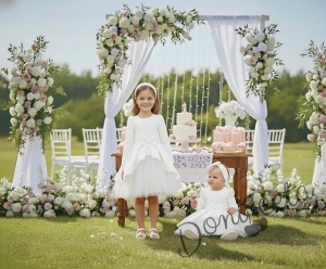  Официална детска рокля Мариска с дълъг ръкав в бяло и богат тюл 