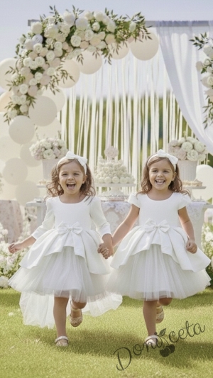  Официална детска рокля Мариска с дълъг ръкав в бяло и богат тюл 