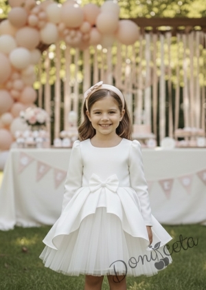  Официална детска рокля Мариска с дълъг ръкав в бяло и богат тюл 