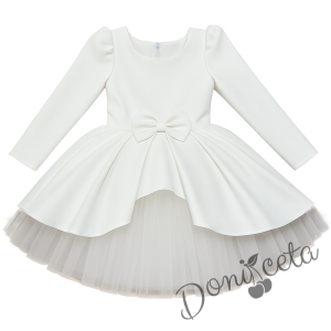  Официална детска рокля Мариска с дълъг ръкав в бяло и богат тюл 