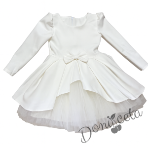 Официална детска рокля Мариска с дълъг ръкав в бяло и богат тюл 