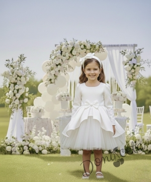  Официална детска рокля Мариска с дълъг ръкав в бяло и богат тюл 