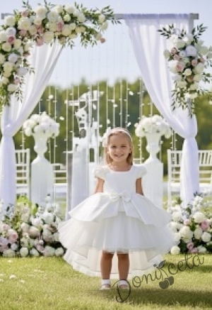  Официална детска рокля от плат Мариска с къс ръкав в екрю и тюл и шлейф