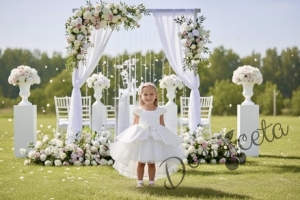  Официална детска рокля от плат Мариска с къс ръкав в екрю и тюл и шлейф