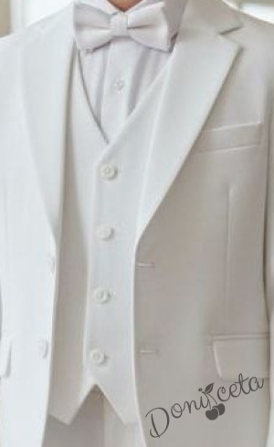 Официален костюм за момче в бяло- сако, панталон, елек, риза и папийонка от колекция Снежина