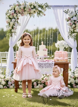  Официална детска рокля Мариска с дълъг ръкав в прасковено и богат тюл 