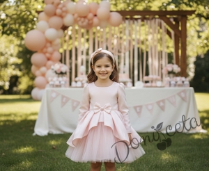  Официална детска рокля Мариска с дълъг ръкав в прасковено и богат тюл 