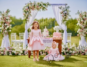  Официална детска рокля Мариска с дълъг ръкав в прасковено и богат тюл 