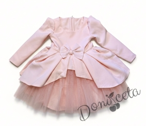  Официална детска рокля Мариска с дълъг ръкав в прасковено и богат тюл 