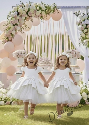  Официална детска рокля от плат Мариска с къс ръкав в екрю и тюл 