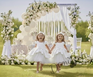  Официална детска рокля от плат Мариска с къс ръкав в екрю и тюл 