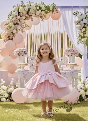  Официална детска рокля Мариска с дълъг ръкав в прасковено и богат тюл 