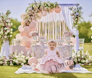  Официална детска рокля Мариска с дълъг ръкав в прасковено и богат тюл 