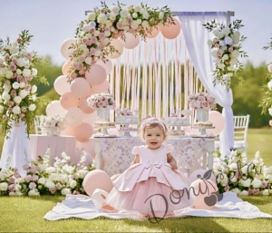  Официална детска рокля Мариска с дълъг ръкав в прасковено и богат тюл 