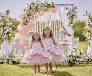  Официална детска рокля Мариска с дълъг ръкав в прасковено и богат тюл 