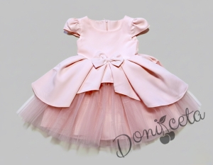  Официална детска рокля Мариска с дълъг ръкав в прасковено и богат тюл 