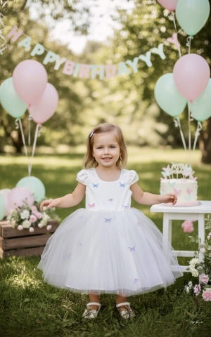  Официална детска рокля Пепелина с къс ръкав в екрю и 3D цветни пеперудки