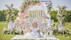  Официална детска рокля Пепелина с къс ръкав в екрю и 3D цветни пеперудки