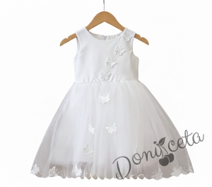  Официална детска рокля Пепелина с къс ръкав в бяло и 3D пеперудки