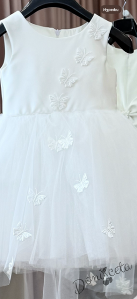  Официална детска рокля Пепелина с къс ръкав в бяло и 3D пеперудки с шлейф