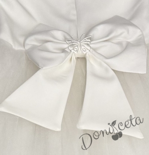  Официална детска рокля Пепелина с къс ръкав в бяло и 3D пеперудки с шлейф