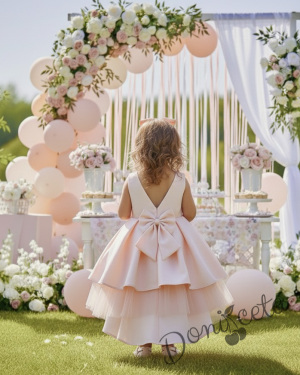  Официална детска рокля от плат Мариска без ръкав в прасковен цвят с тюл и шлейф