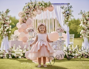  Официална детска рокля от плат Мариска без ръкав в прасковен цвят с тюл и шлейф