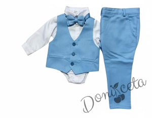 Бебешки официален комплект в светлосиньо с боди-риза в бяло, панталон, елек и папийонка 