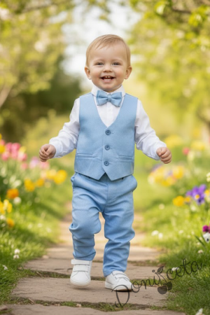  Официален бебешки комплект в светлосиньо с боди-риза в бяло, панталон, елек и папийонка 