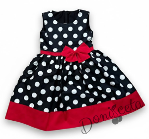 Комплект от детска рокля в черно на бели точки с червена лента и панделка с болеро в червено
