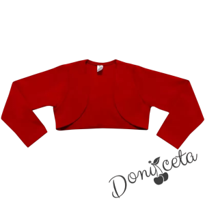 Комплект от детска рокля в черно на бели точки с червена лента и панделка с болеро в червено