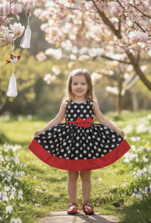  Детска рокля в черно на бели точки с червена лента и панделка без ръкав 
