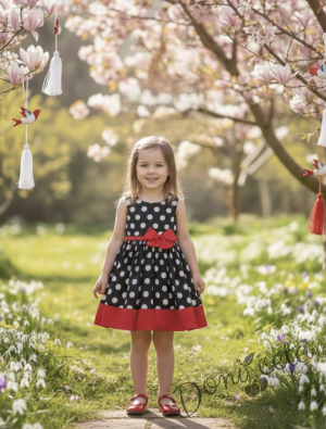  Детска рокля в черно на бели точки с червена лента и панделка без ръкав 