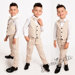 Официален костюм в бежово за момче от 4 части елек, риза в бяло, панталон и папийонка 21100368 1