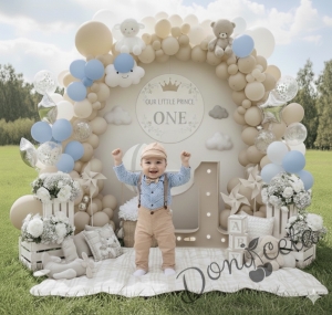 Официален комплект за момче от 5 части - риза в синьо с орнаменти, панталони с тиранти, папийонка и барета в бежово 41542103  от колекция Бежина