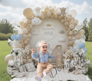 Официален комплект за момче от 5 части - риза в синьо с орнаменти, панталони с тиранти, папийонка и барета в бежово 41542103  от колекция Бежина