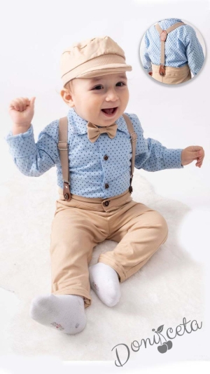 Комплект за момче от 5 части - риза в синьо с орнаменти, панталони с тиранти, папийонка и барета в бежово 41542103 1