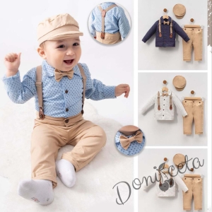 Комплект за момче от 5 части - риза в синьо с орнаменти, панталони с тиранти, папийонка и барета в бежово 41542103 2