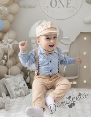 Официален комплект за момче от 5 части - риза в синьо с орнаменти, панталони с тиранти, папийонка и барета в бежово 41542103  от колекция Бежина