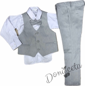 Официален елегантен костюм в сиво за момче от 4 части елек, риза в бяло, панталон и папийонка 