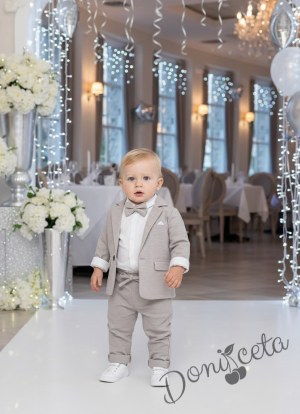 Бебешки комплект Тери за момче от 4 части - боди-риза в бяло, сако, панталон и папийонка в сиво